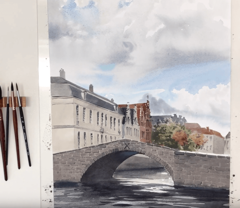 Cloudy day in Brugge using watercolor wet-on-wet technique by the talented Eleanor Mill.